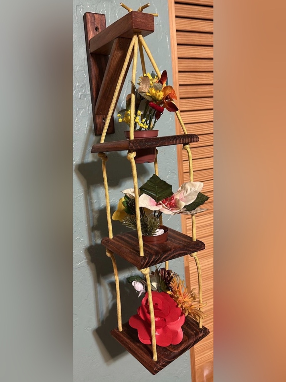 Handmade Wooden 3-Tier Hanging Wall Planter with Artificial Flowers
